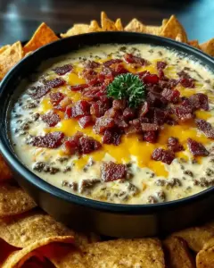 A delicious plate of Bacon Cheeseburger Queso Dip Recipe – Easy Party Appetizer Ideas