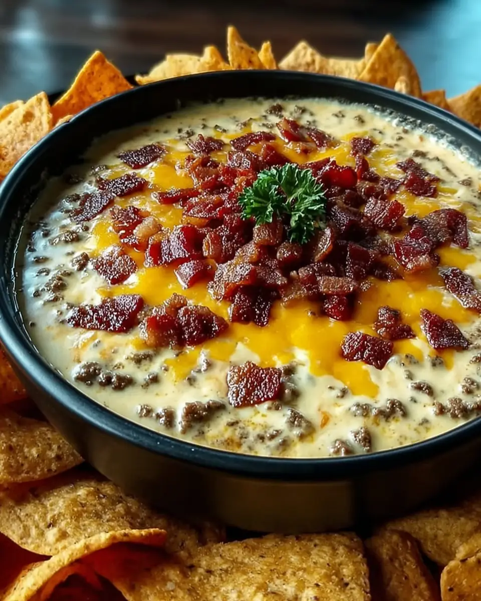 A delicious plate of Bacon Cheeseburger Queso Dip Recipe – Easy Party Appetizer Ideas