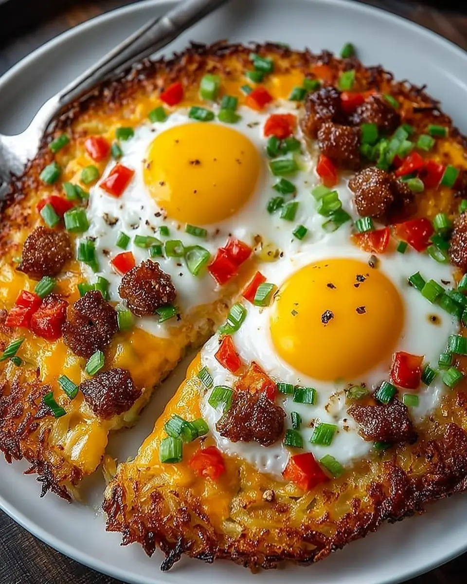 A delicious plate of Breakfast Pizza Hash Brown Crust