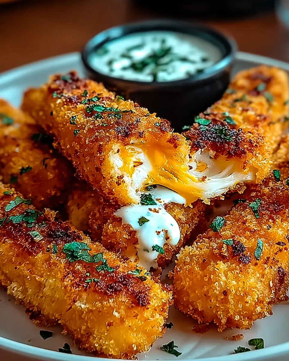 A delicious plate of Buffalo Chicken Mozzarella Sticks for Spicy Snack Lovers