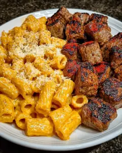 A delicious plate of Cajun Steak Tips in Cheesy Rigatoni Parmesan Sauce