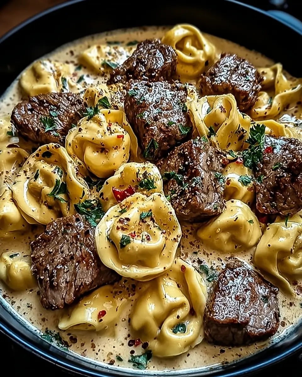 A delicious plate of Cracked Garlic Steak Tortellini in Creamhouse Sauce Bliss
