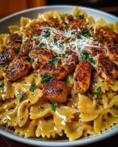 A delicious plate of Creamy Cajun Chicken Bowtie Pasta Skillet