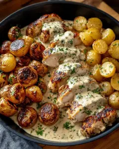 A delicious plate of Creamy Herb Chicken with Golden Baby Potatoes