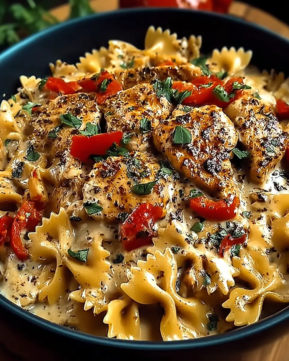 A delicious plate of Creamy Parmesan Roasted Red Pepper Chicken Bowties Bliss
