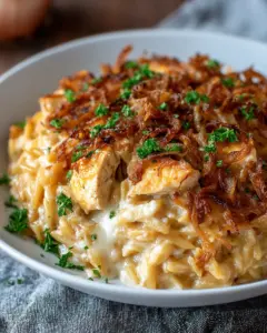 A delicious plate of French Onion Chicken Orzo Casserole
