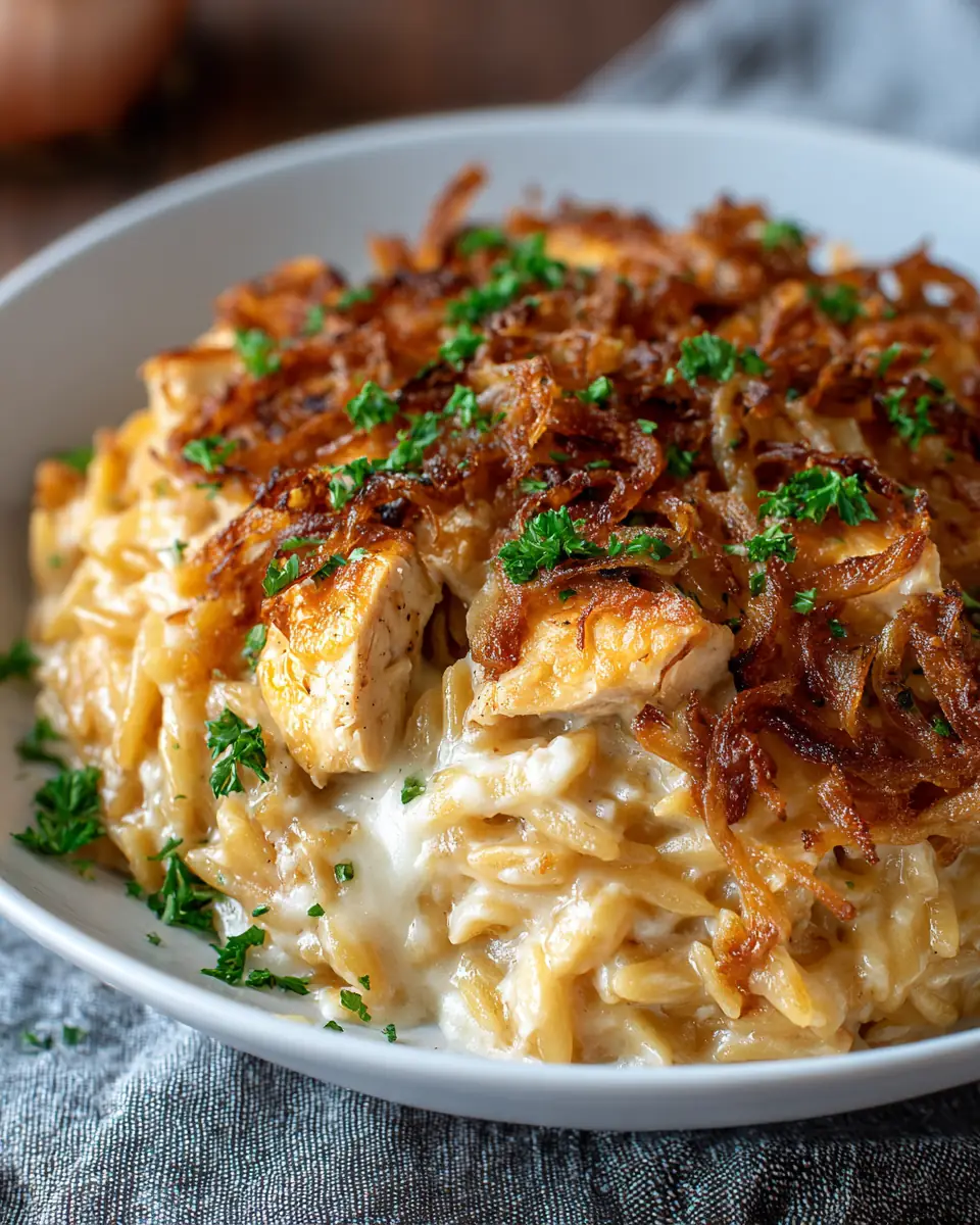 A delicious plate of French Onion Chicken Orzo Casserole