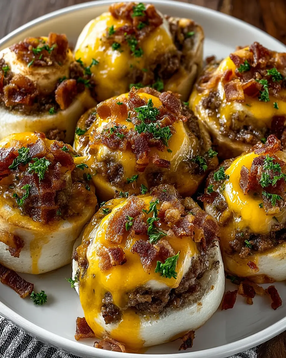A delicious plate of Garlic Butter Bacon Cheeseburger Rollups