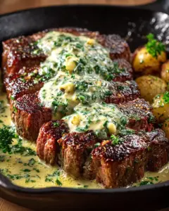 A delicious plate of Garlic Butter Steak With Parmesan Cream Sauce