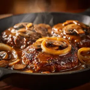A delicious plate of HAMBURGER STEAK WITH GRAVY