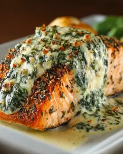 A delicious plate of Irresistible Stuffed Salmon with Cream Cheese & Spinach Delight