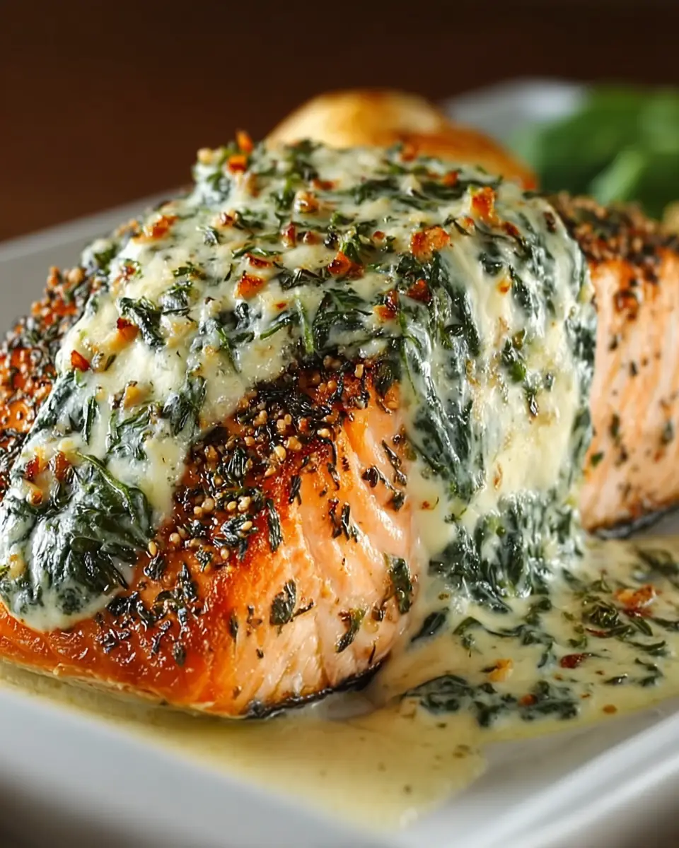 A delicious plate of Irresistible Stuffed Salmon with Cream Cheese & Spinach Delight