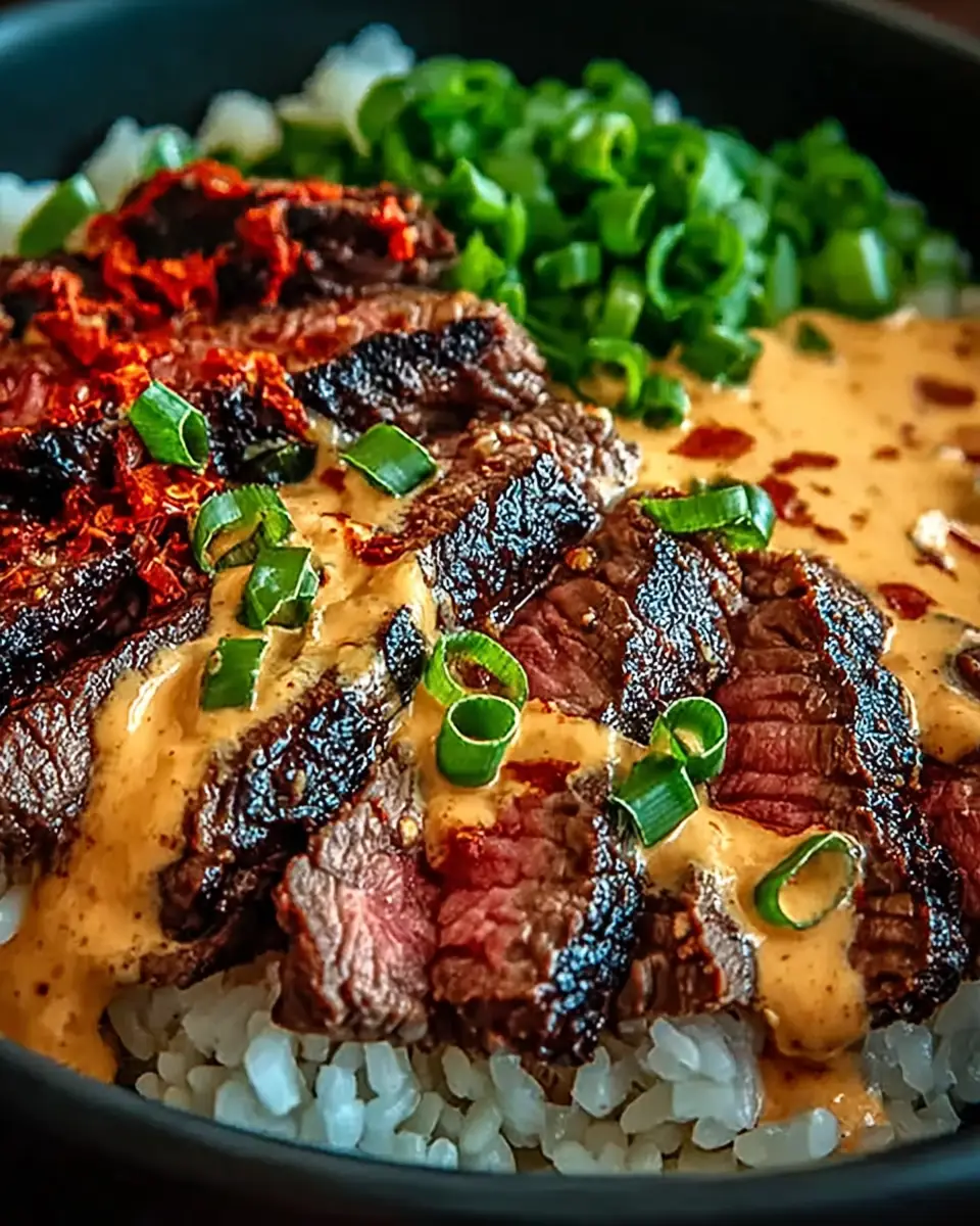 A delicious plate of Irresistibly Easy Korean BBQ Steak Rice Bowls with Spicy Cream Sauce