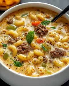 A delicious plate of Macaroni Cheeseburger Soup