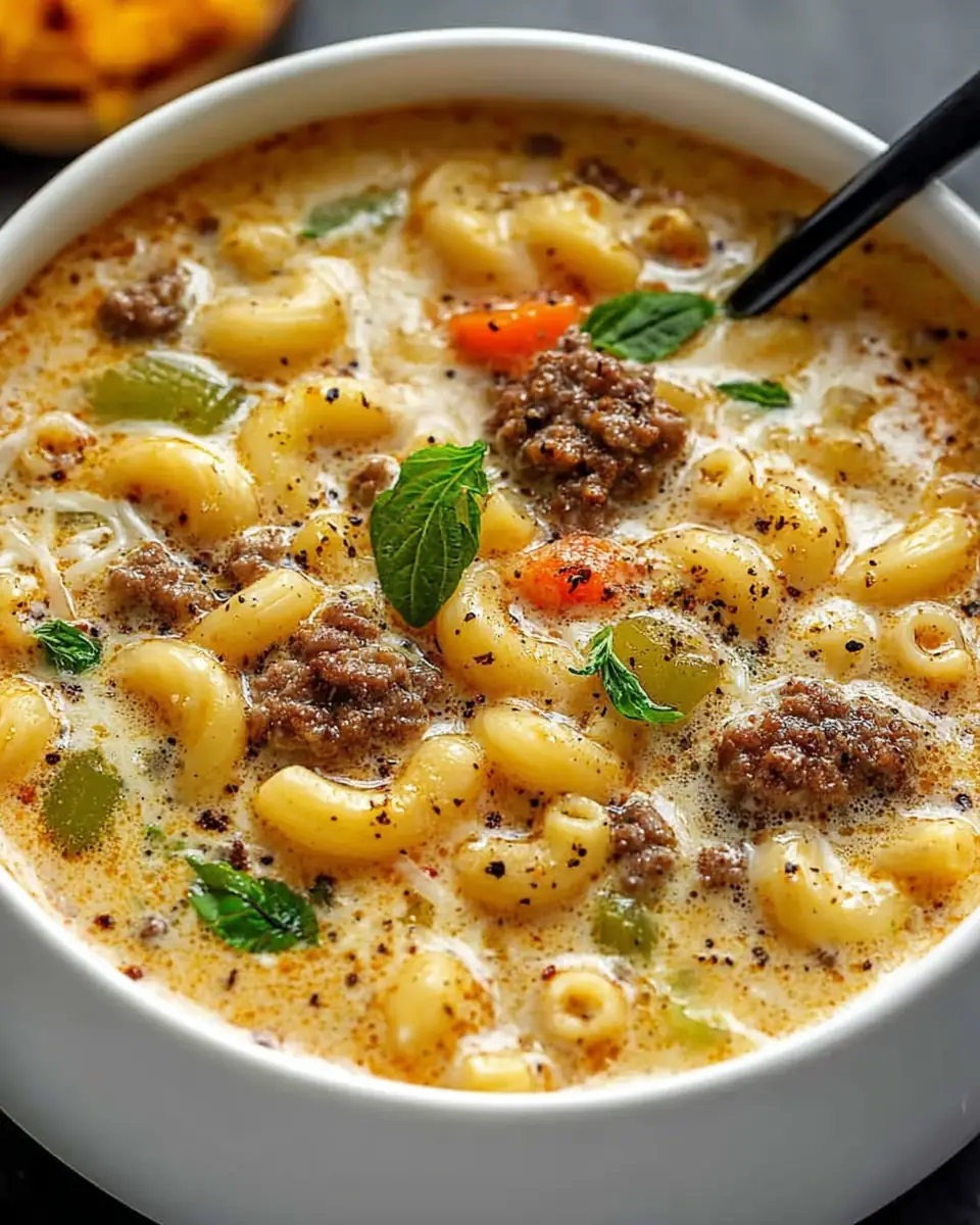A delicious plate of Macaroni Cheeseburger Soup