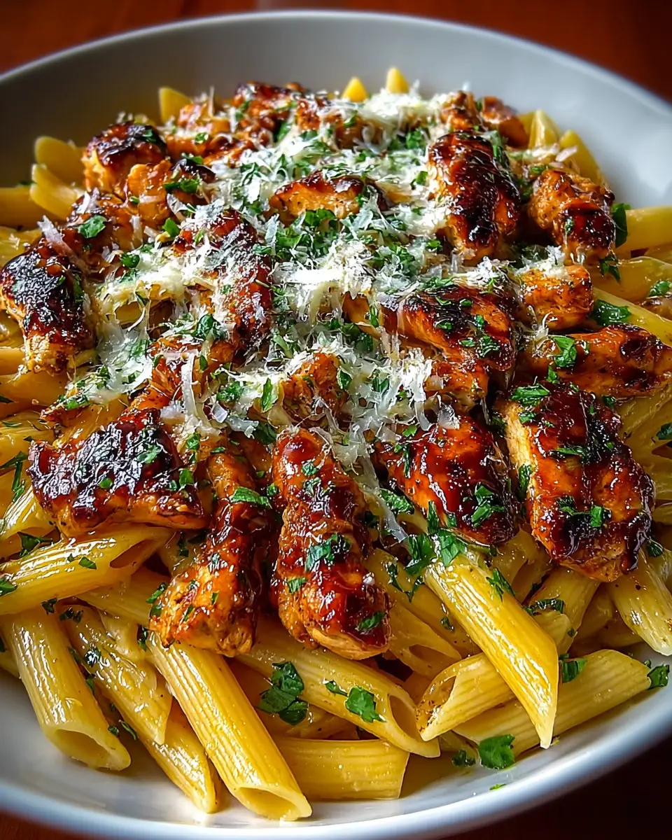 A delicious plate of One-Pan Tangy Honey BBQ Chicken Penne