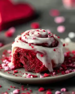 A delicious plate of Red Velvet Valentine's Day Cinnamon Rolls