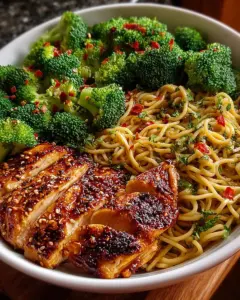 A delicious plate of Spicy Garlic Chicken and Broccoli Noodle Bowls