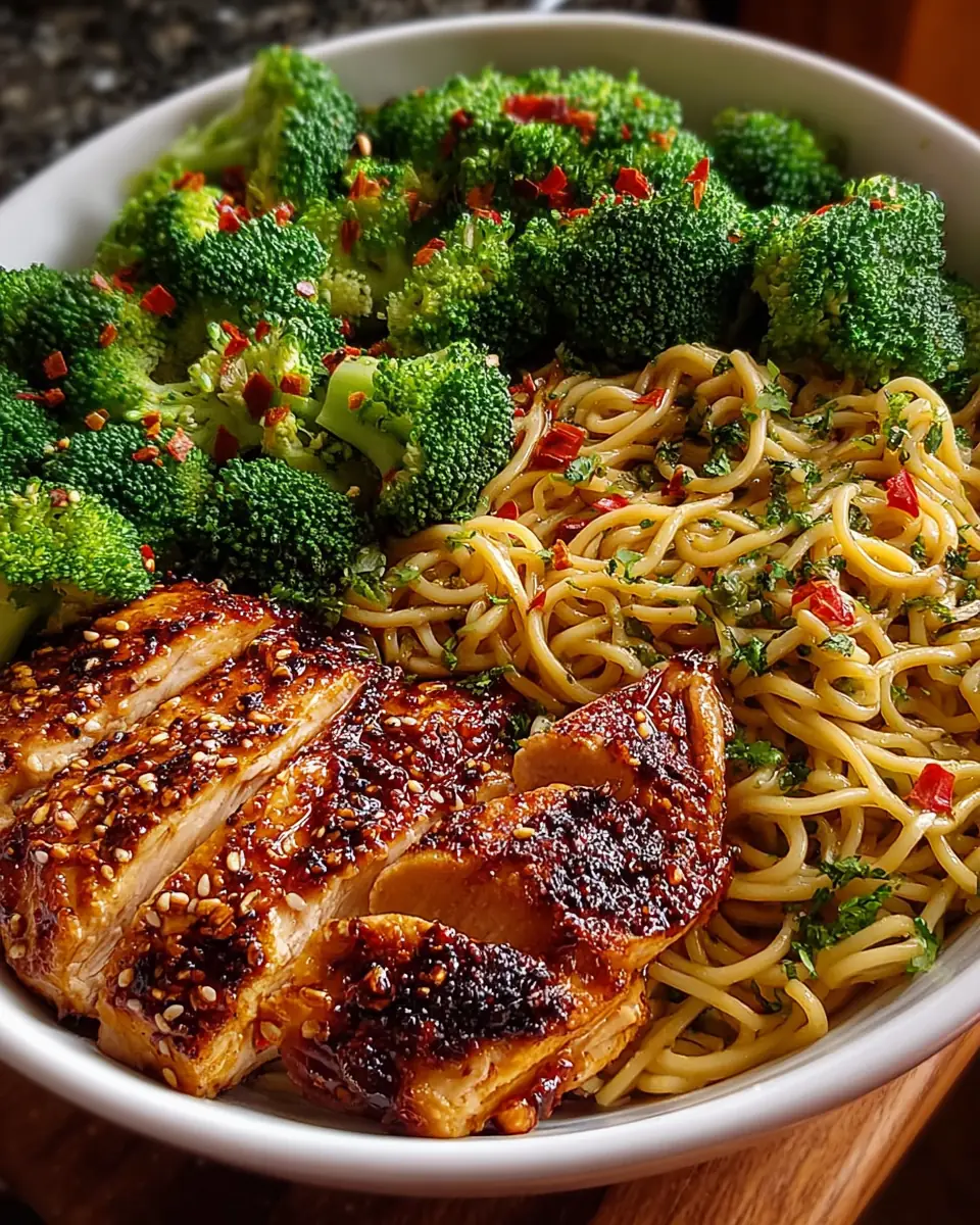 A delicious plate of Spicy Garlic Chicken and Broccoli Noodle Bowls