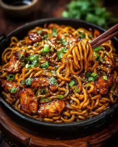 A delicious plate of Sticky Garlic Chicken Noodles