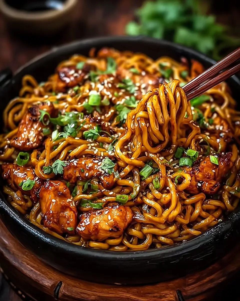 A delicious plate of Sticky Garlic Chicken Noodles