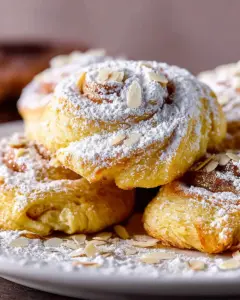A delicious plate of Almond Croissant Cinnamon Rolls