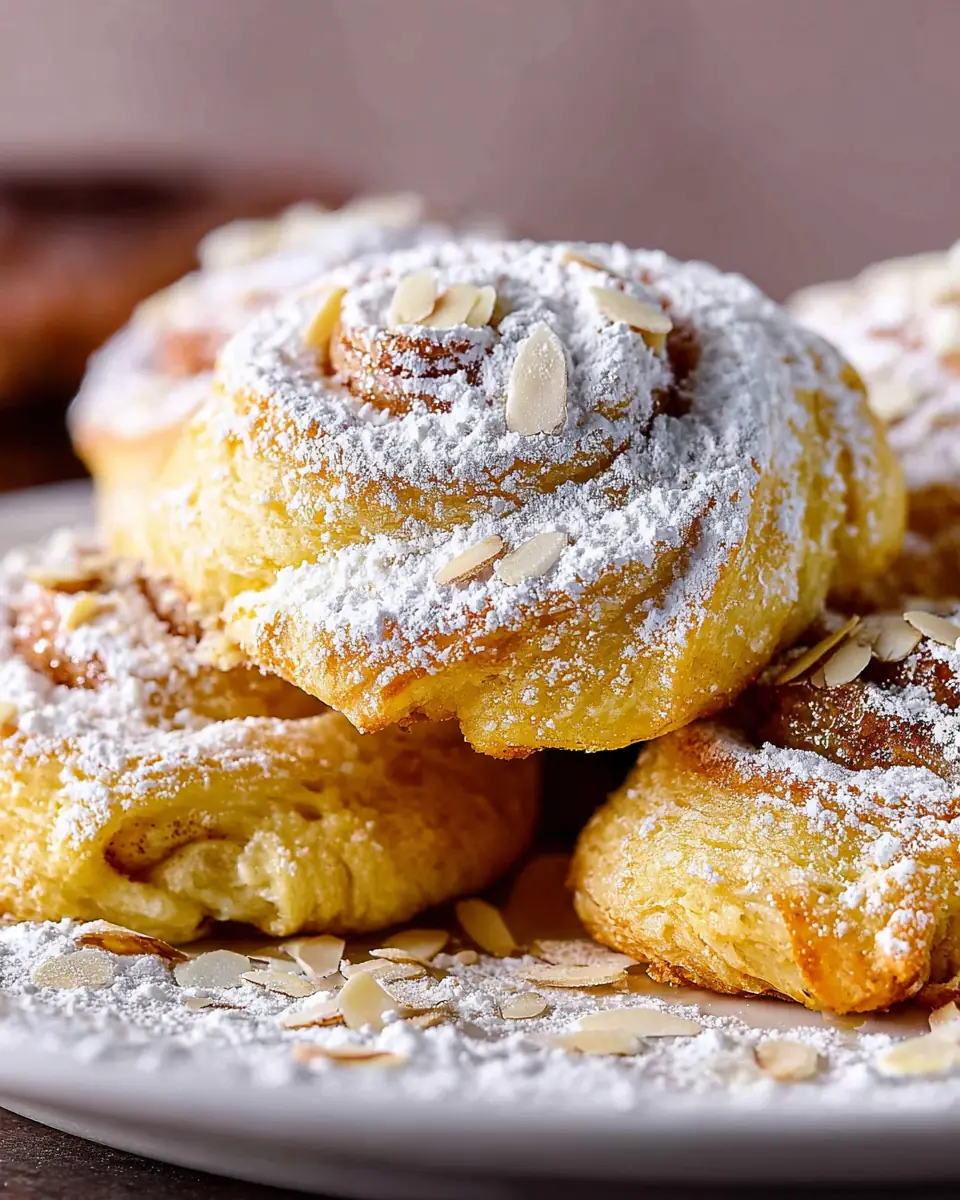 A delicious plate of Almond Croissant Cinnamon Rolls