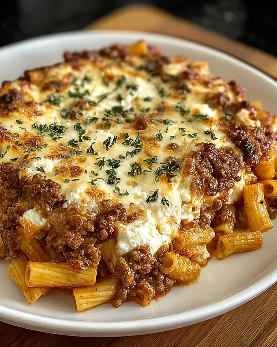 A delicious plate of Baked Ziti with Ground Beef and Ricotta