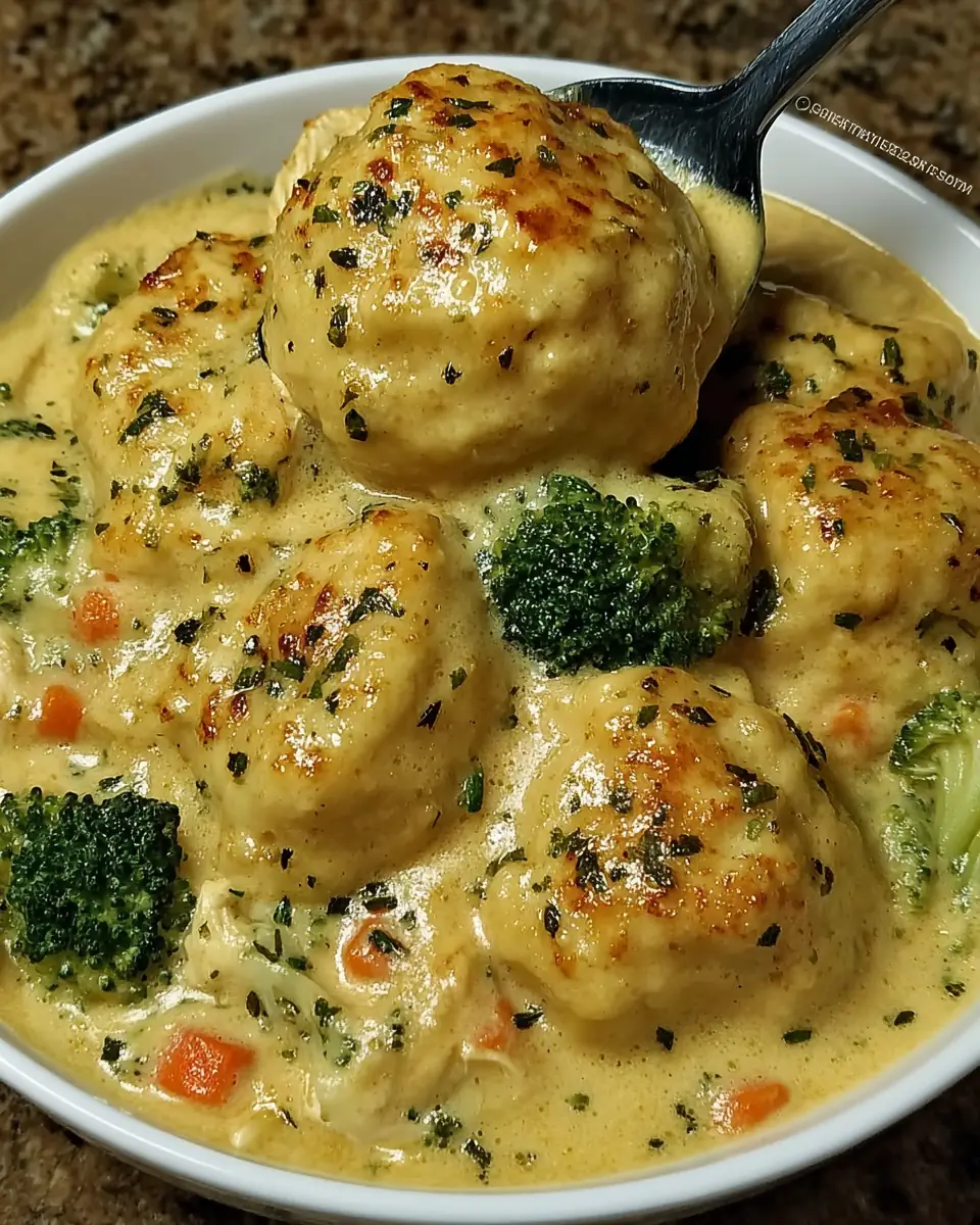 A delicious plate of Broccoli Cheddar Chicken and Dumplings