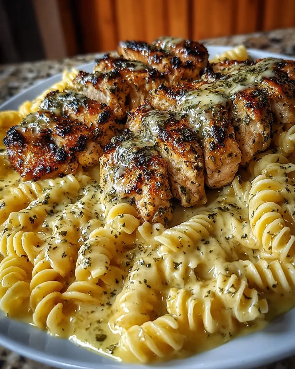 A delicious plate of Butter Herb Chicken with Creamy Four-Cheese Rotini