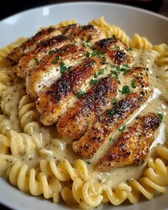 A delicious plate of Creamy Garlic Butter Chicken & Rotini in Parmesan Sauce