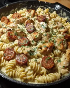 A delicious plate of Creamy Pepper Jack Chicken & Sausage Pasta