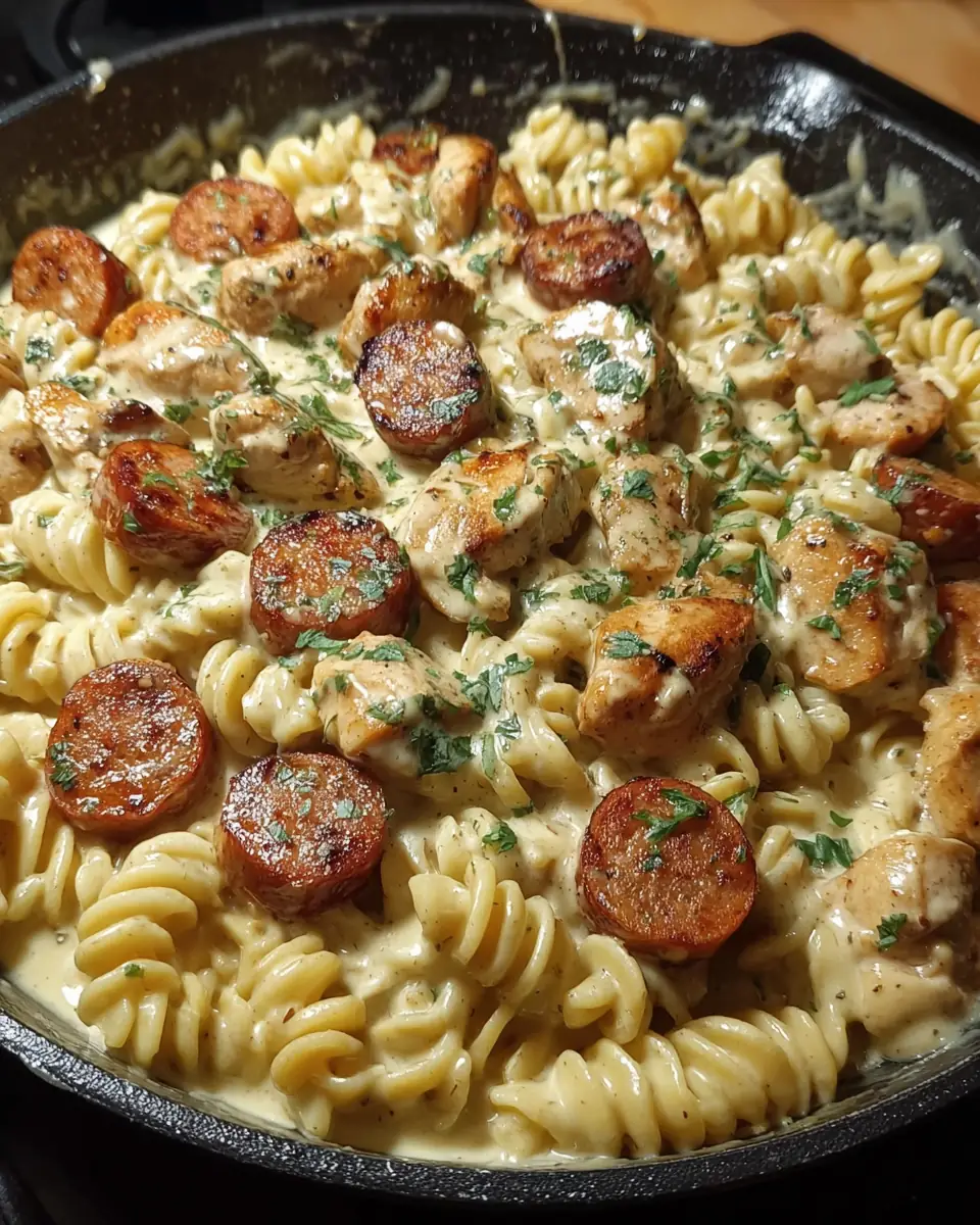 A delicious plate of Creamy Pepper Jack Chicken & Sausage Pasta