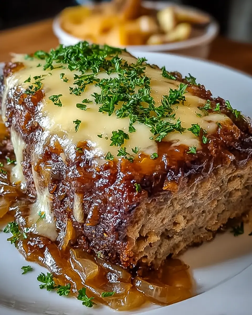 A delicious plate of Crockpot French Onion Meatloaf with Melted Swiss Cheese