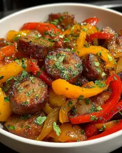 A delicious plate of Crockpot Sausage and Peppers