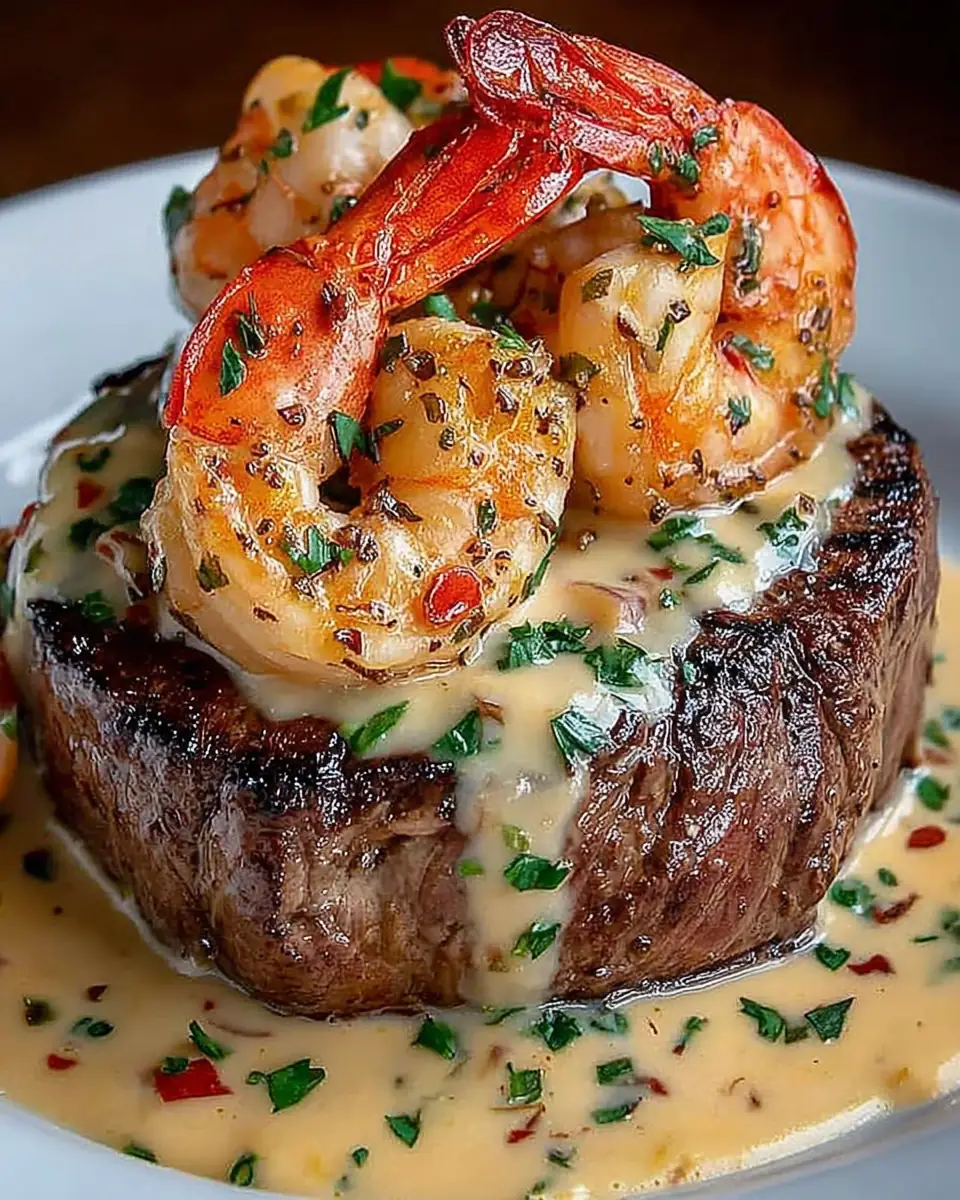 A delicious plate of Filet Mignon Shrimp Lobster