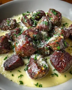 A delicious plate of Garlic Butter Steak Bites with Parmesan Cream Sauce