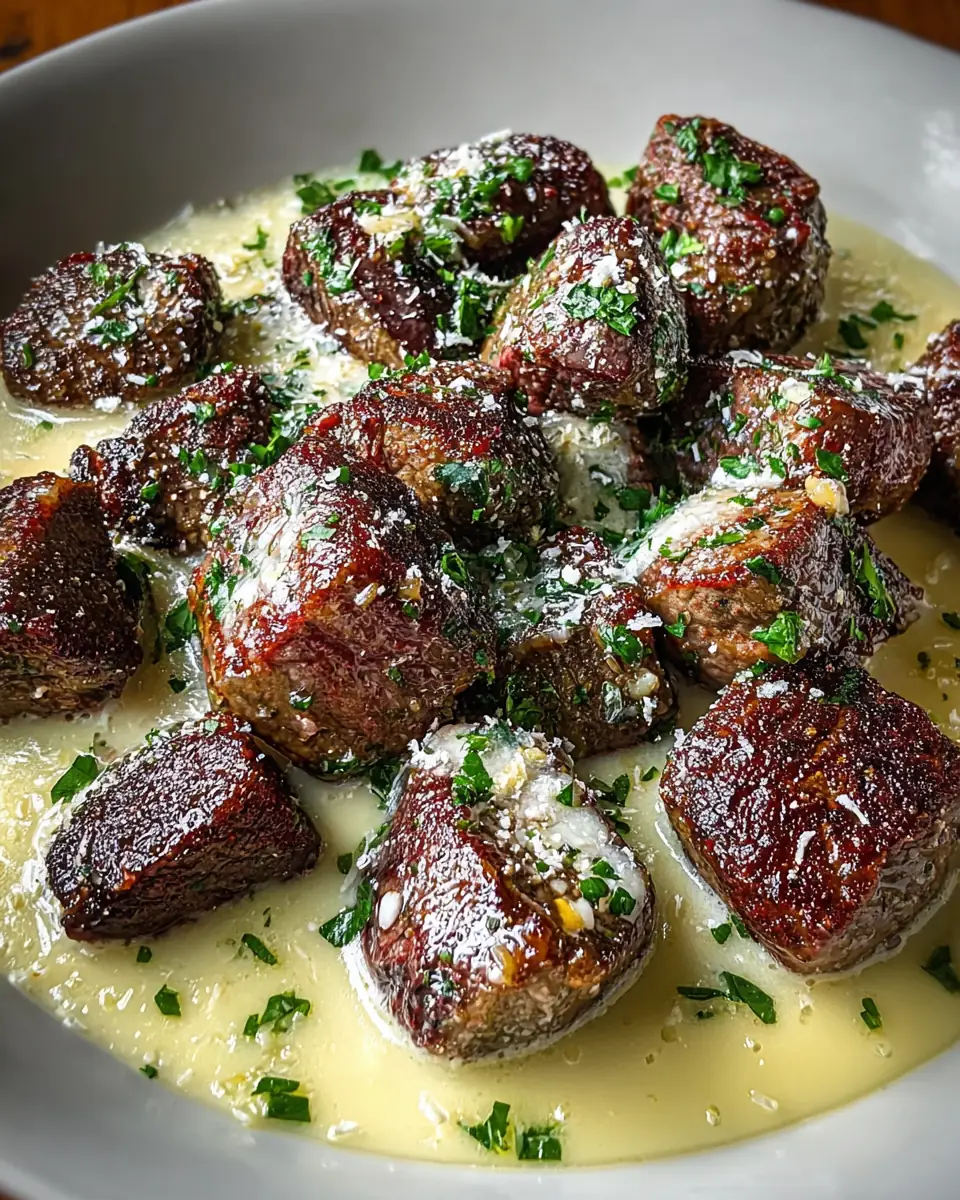 A delicious plate of Garlic Butter Steak Bites with Parmesan Cream Sauce