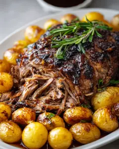 A delicious plate of Greek Roasted Leg of Lamb (Traditional Garlic & Lemon Lamb)