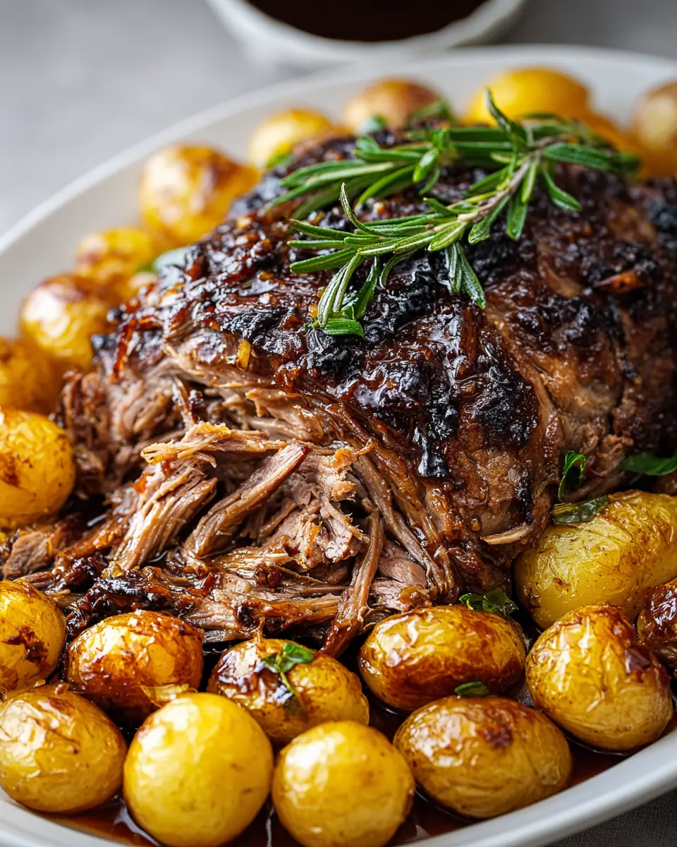 A delicious plate of Greek Roasted Leg of Lamb (Traditional Garlic & Lemon Lamb)