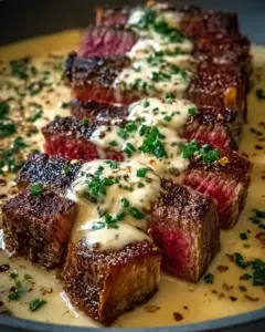 A delicious plate of Juicy Steak with Creamy Garlic Sauce