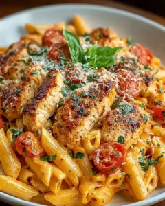 A delicious plate of One Pan Creamy Tomato Chicken Pasta