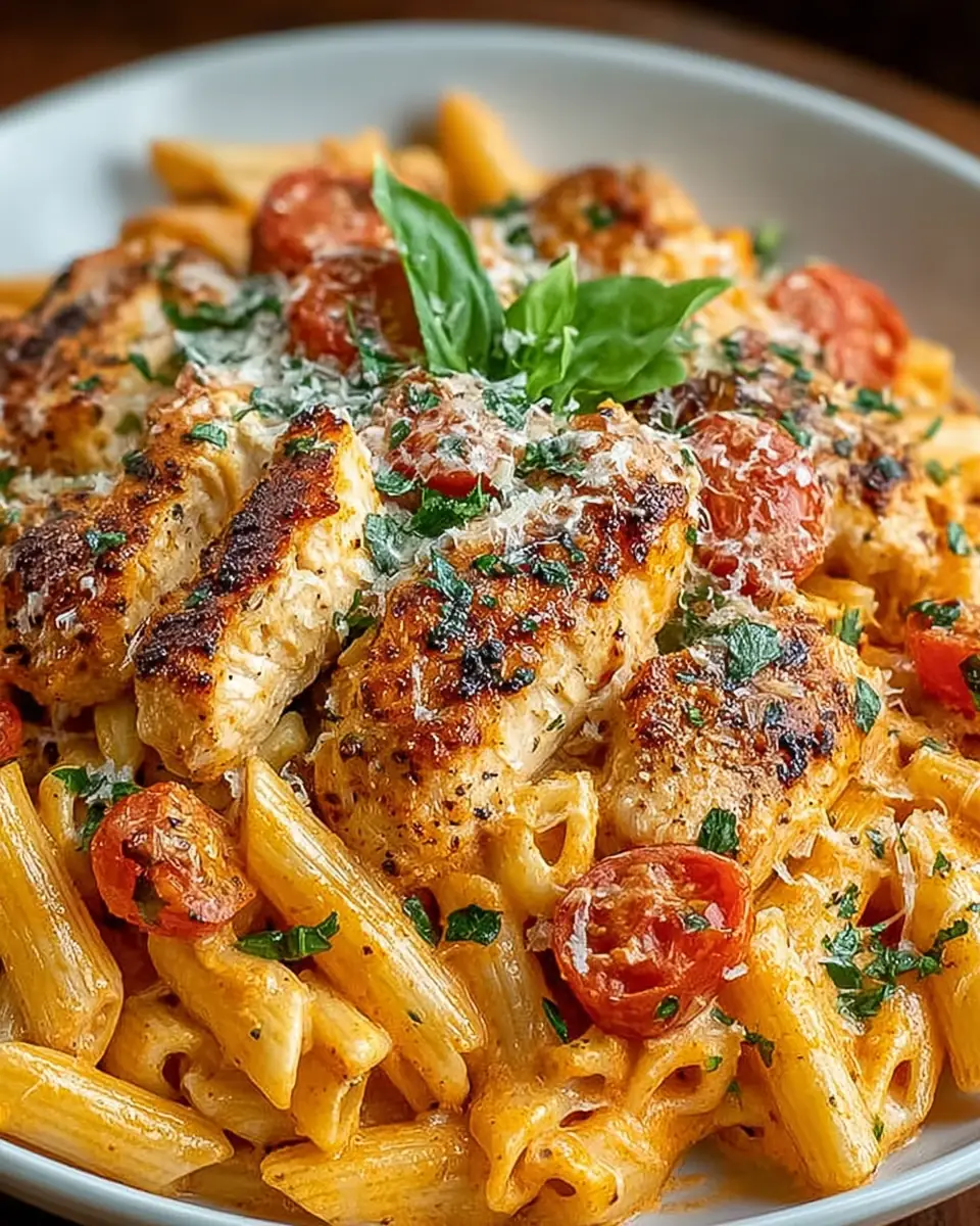 A delicious plate of One Pan Creamy Tomato Chicken Pasta