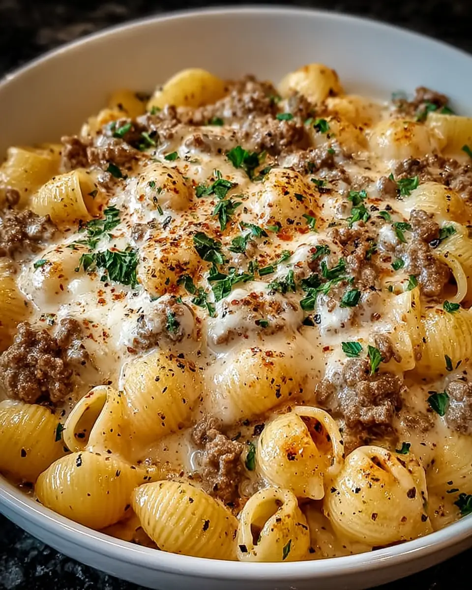 A delicious plate of One-Pot Creamy Beef and Shells