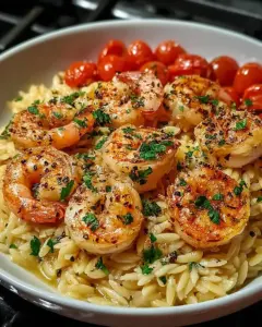 A delicious plate of One Pot Garlic Butter Shrimp and Orzo