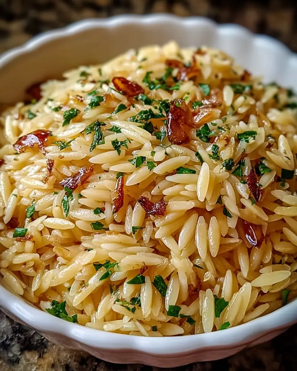 A delicious plate of Orzo Rice Pilaf with Garlic and Herbs