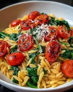 A delicious plate of Spinach and Tomato Orzo Pasta