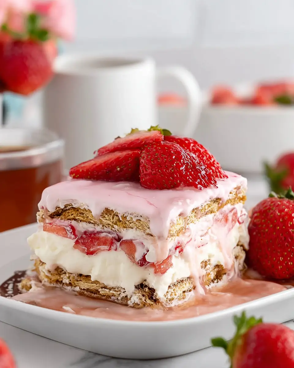 A delicious plate of Strawberries and Cream Eclair Cake