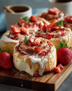 A delicious plate of Strawberry Cheesecake Cinnamon Rolls