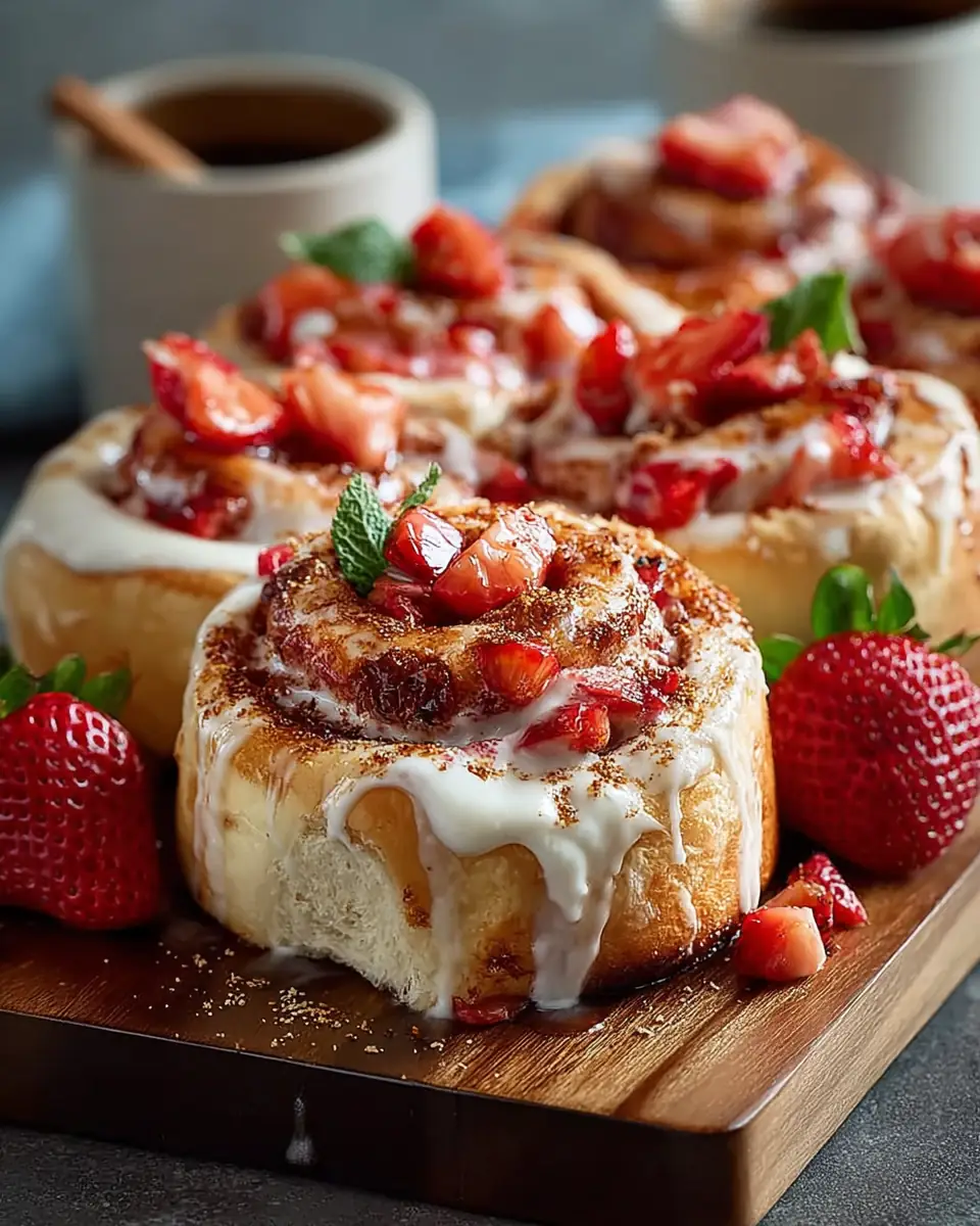 A delicious plate of Strawberry Cheesecake Cinnamon Rolls